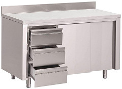  Gastro M Table armoire inox avec dosseret 3 tiroirs à gauche et portes coulissantes 850x1200x700mm 