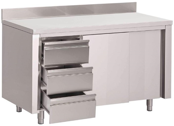  Gastro M Table armoire inox avec dosseret 3 tiroirs à gauche et portes coulissantes 850x1000x700mm 