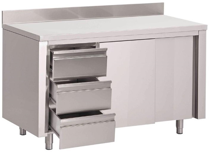  Gastro M Table armoire inox avec dosseret 3 tiroirs &agrave; gauche et portes coulissantes 850x2000x700mm 