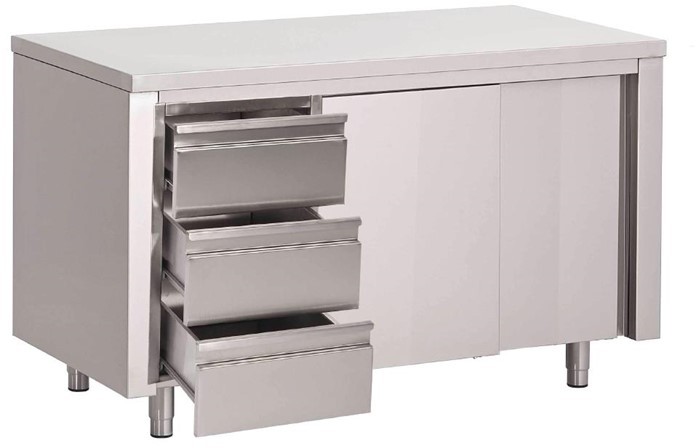  Gastro M Table armoire inox avec portes coulissantes et 3 tiroirs &agrave; gauche 1500 x 700 x 850mm 