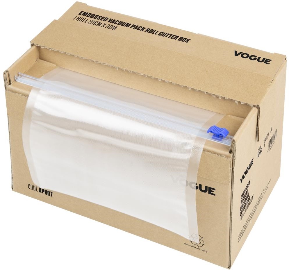 Vogue Rouleau de sacs sous-vide gaufr&eacute;s avec bo&icirc;te distributrice largeur 200 mm 