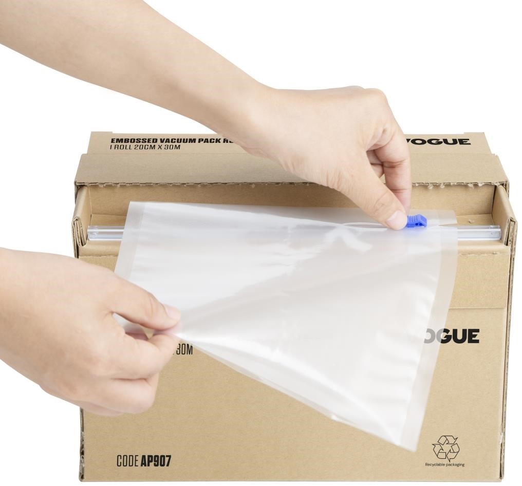  Vogue Rouleau de sacs sous-vide gaufr&eacute;s avec bo&icirc;te distributrice largeur 200 mm 