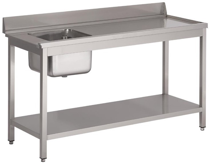  Gastro M Table d'entr&eacute;e lave-vaisselle inox avec bac &agrave; gauche dosseret et tablette inf&eacute;rieure 850x1400x700mm 