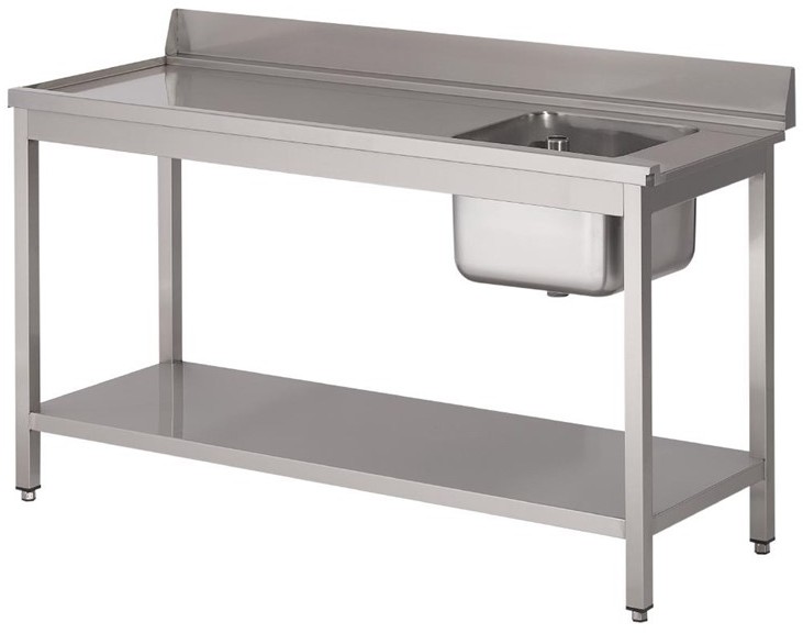  Gastro M Table d'entr&eacute;e lave-vaisselle inox avec bac &agrave; droite dosseret et tablette inf&eacute;rieure 850x1400x700mm 
