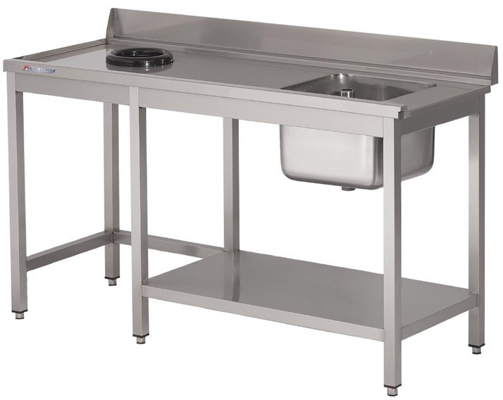  Gastro M Table d'entr&eacute;e lave-vaisselle inox avec bac &agrave; droite TVO dosseret et tablette inf&eacute;rieure 1000 x 700mm 