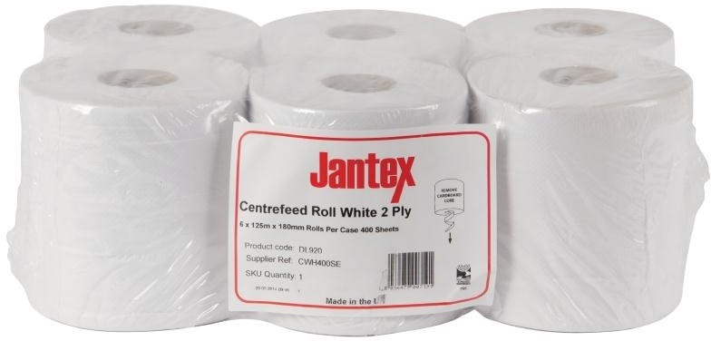  Jantex Essuie-mains 2 plis à dévidage central contact alimentaire blanc 
