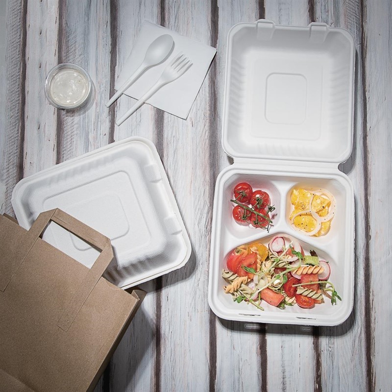  Fiesta Bo&icirc;tes 3 compartiments avec couvercle &agrave; charni&egrave;re compostables en bagasse Green 201mm (lot de 200) 