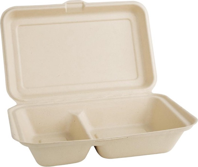  Fiesta Bo&icirc;tes 2 compartiments avec couvercle &agrave; charni&egrave;re compostables en bagasse coloris naturel Green 253mm (lot de 200) 