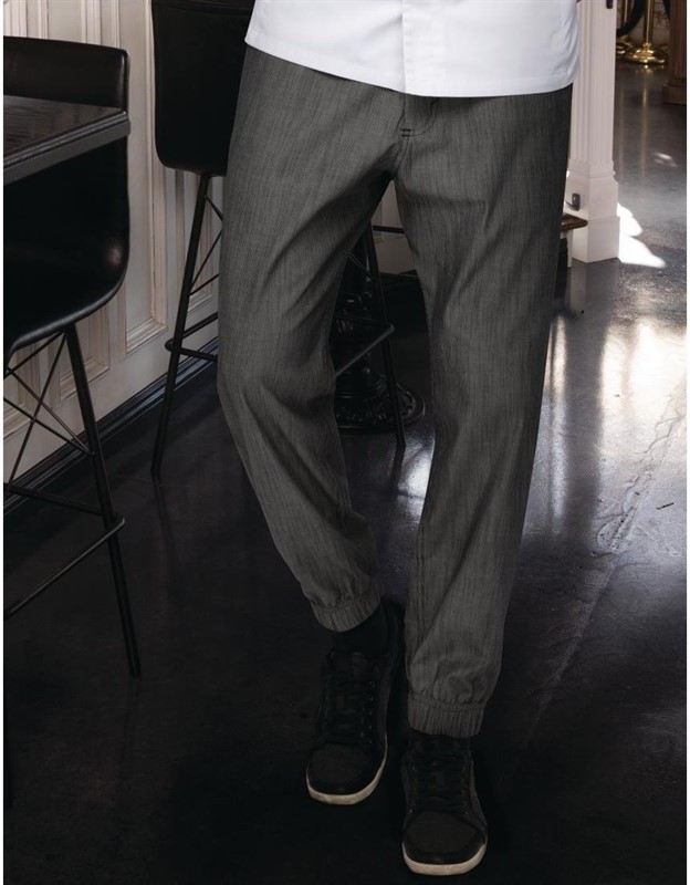  Chef Works Pantalon de cuisine Works Urban Jogger 257 &agrave; fines rayures noires et blanches 