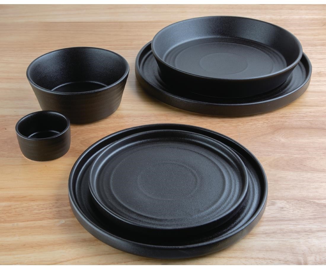  Olympia Bols plats ronds textur&eacute;s noirs Cavolo 143mm (lot de 6) 